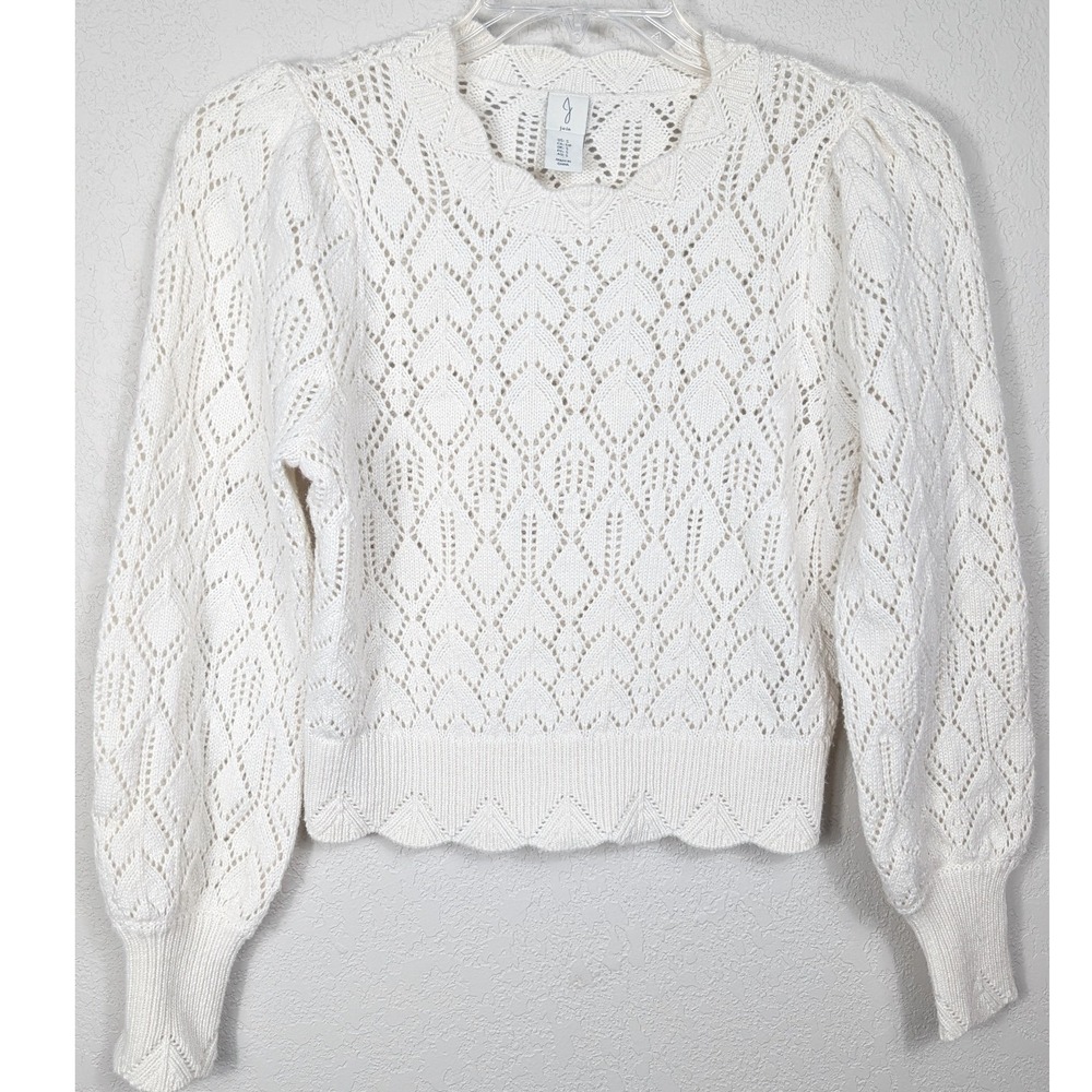 Joie Pointelle Knit Sweater Womens Small Ivory‎ White Puff Sleeve Scalloped Hem